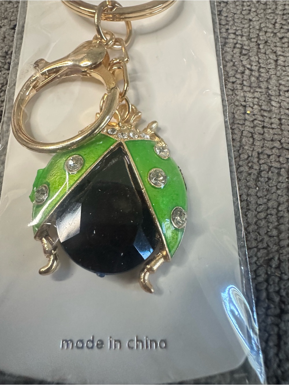 Green and Black Ladybug Keychain Charm with Crystal Accents